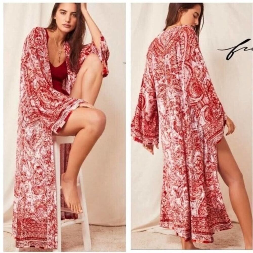 Free People Red Paisley Kimono Maxi Robe